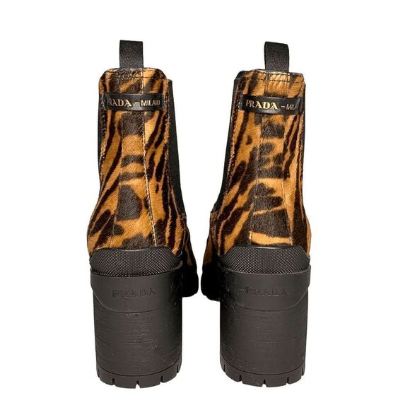 Prada Ocelot-Print Calf Hair Chelsea Boots EU 37.5 Chunky Heeled Animal Print - Picture 7 of 10